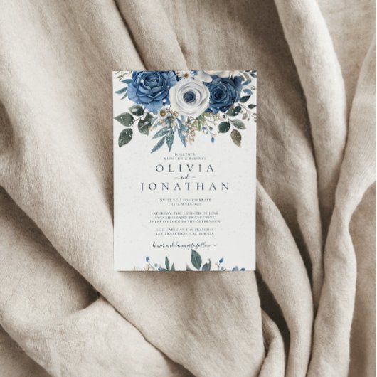 水彩ウィンターブルーフローラブーケ結婚ス 招待状