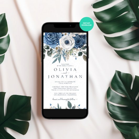 水彩ウィンターブルーフローラブーケ結婚ス 招待状