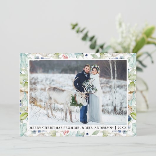 水彩ウィンターブルーフローラ結婚のクリスマス シーズンカード (スタンド正面)