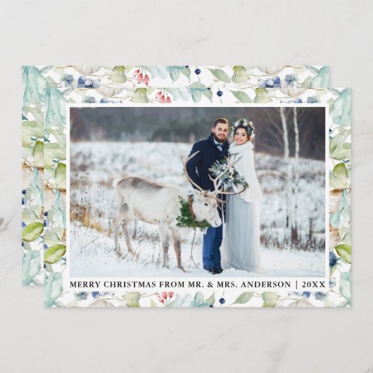 水彩ウィンターブルーフローラ結婚のクリスマス シーズンカード (正面/裏面)