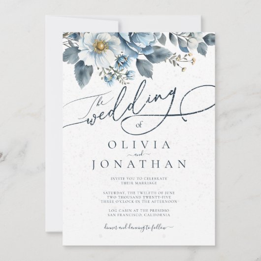 水彩ウィンターブルーフローラ結婚披露宴 招待状 (正面)
