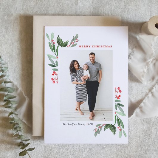 水彩ウィンターベリーとホリー写真クリスマス シーズンカード