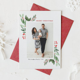 水彩ウィンターベリーとホリー写真クリスマス シーズンカード