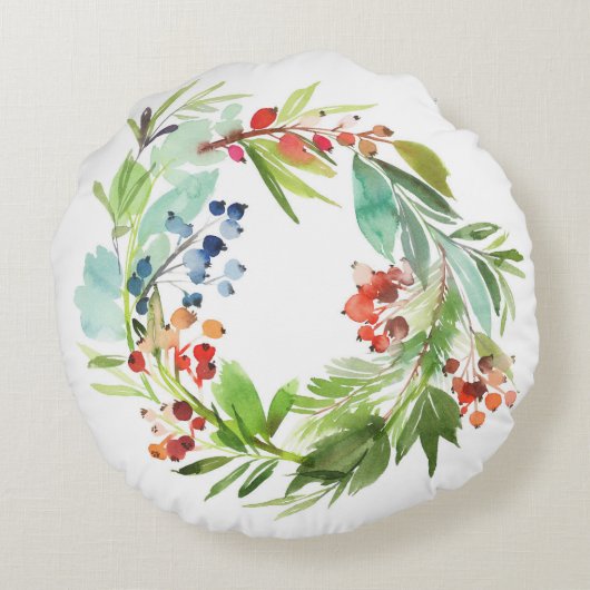 水彩ウィンターベリーホリーとジュニパークリスマス ラウンドクッション (裏面)