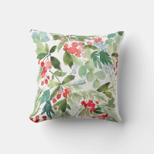 水彩ウィンターベリーホリーパターンクリスマス クッション (正面)
