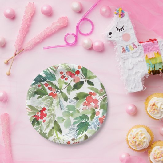 水彩ウィンターベリーホリーパターンクリスマス ペーパープレート (パーティー)