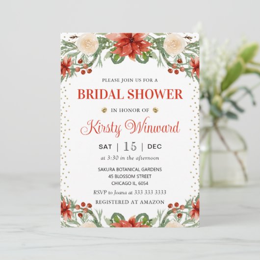 水彩ウィンターポインセチアフローラブライダルシャワー 招待状 (スタンド正面)