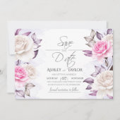 水彩ウェディング フラワーパープルとピンク セーブザデート (正面)