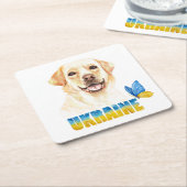 水彩ウクライナイエロー・ラブラドール・レトリーバーと蝶 スクエアペーパーコースター (アングル)