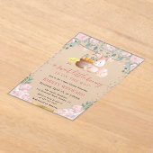 水彩ウサギとピンクの花ベビーシャワー アクリル招待状 (レイダウン)