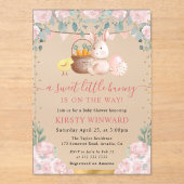 水彩ウサギとピンクの花ベビーシャワー アクリル招待状 (正面)