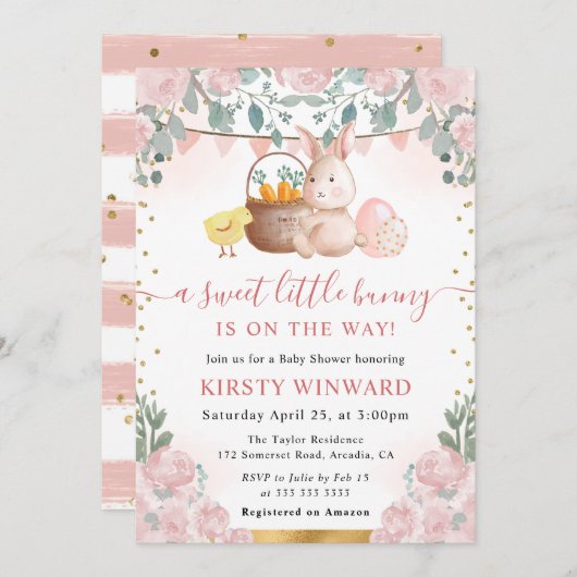 水彩ウサギとピンクの花ベビーシャワー 招待状 (正面/裏面)