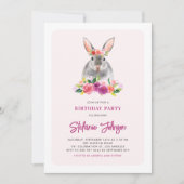 水彩ウサギと紫の花誕生日 招待状 (正面)