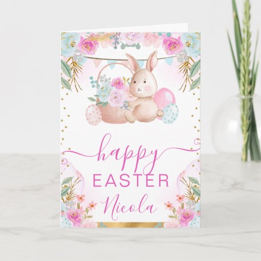 水彩ウサギと花のハッピーイースター カード (正面)