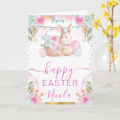 水彩ウサギと花のハッピーイースター カード (黄色い花)