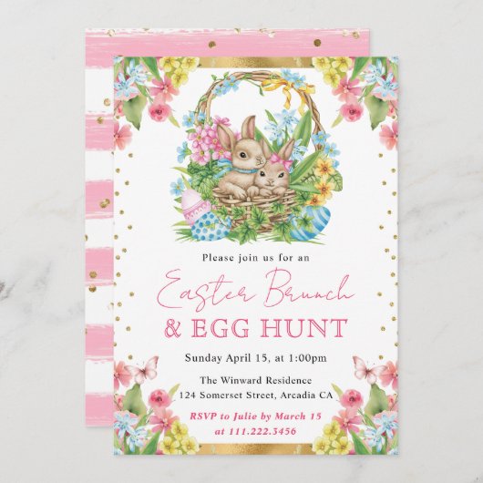 水彩ウサギ春イースターブランチ 招待状 (正面/裏面)