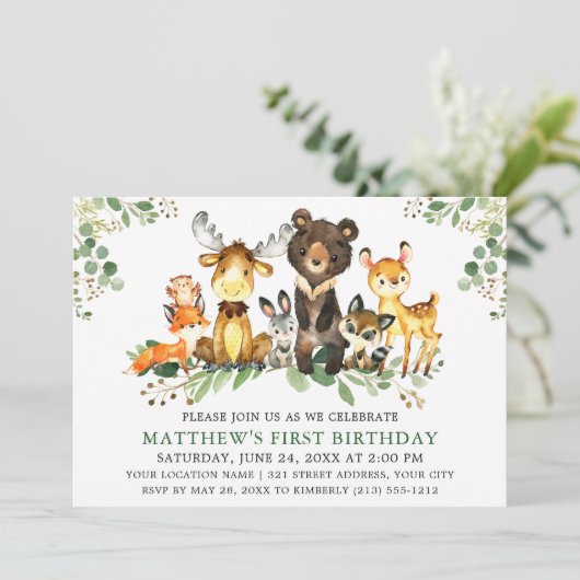 水彩ウッドランドアニマルズファースト誕生日グリーン 招待状 (スタンド正面)