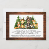 水彩ウッドランドアニマルズファースト誕生日木材 招待状 (正面)