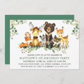 水彩ウッドランドアニマルズファースト誕生日 招待状 (正面/裏面)