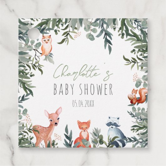 水彩ウッドランドアニマルズベビーシャワーメッセージカード フェイバータグ (正面)