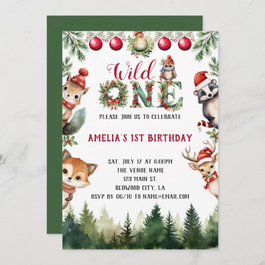 水彩ウッドランドアニマルズワイルドワンバースデー 招待状 (正面/裏面)