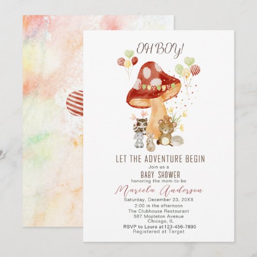 水彩ウッドランドエレガントパーティーベビーシャワー 招待状 (正面/裏面)