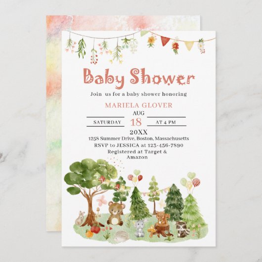 水彩ウッドランドエレガントパーティーベビーシャワー 招待状 (正面/裏面)