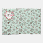 水彩ウッドランドトナカイ模様シーグリーン キッチンタオル (横)