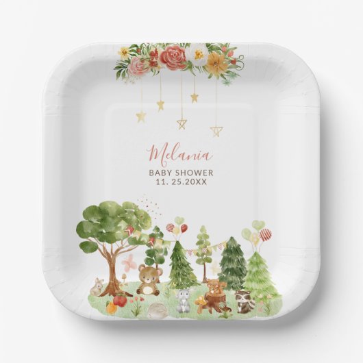 水彩ウッドランドパーティーベビーシャワー ペーパープレート (正面)