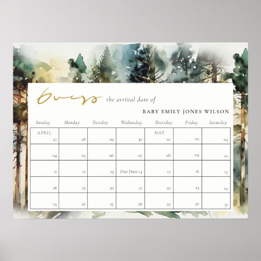 水彩ウッドランドフォレスト推測ベビー期日 ポスター (正面)