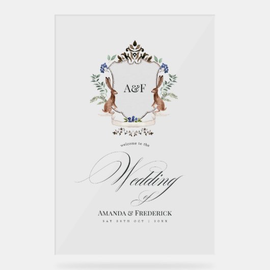 水彩ウッドランドローレルクレストモノグラムウェルカム アクリルサイン (正面)