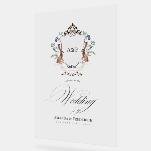 水彩ウッドランドローレルクレストモノグラムウェルカム アクリルサイン (傾斜)