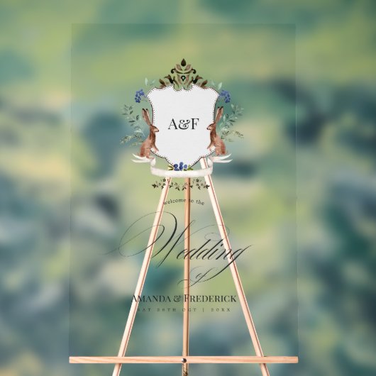 水彩ウッドランドローレルクレストモノグラムウェルカム アクリルサイン (ニュートラル)