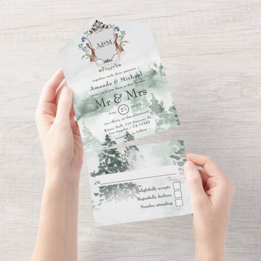 水彩ウッドランドローレルクレストモノグラム結婚ズ オールインワン招待状 (貼ってはがせる)