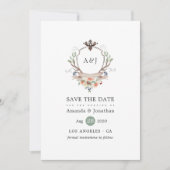 水彩ウッドランドローレルクレストモノグラム結婚ズ セーブザデート (正面)