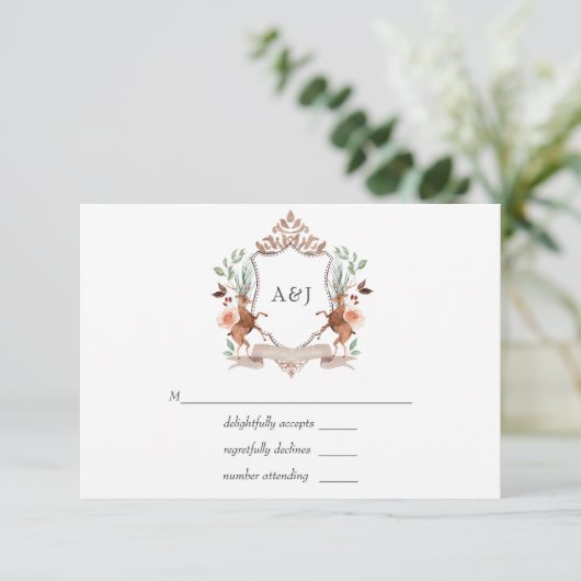 水彩ウッドランドローレルクレストモノグラム結婚ズ 出欠カード (スタンド正面)