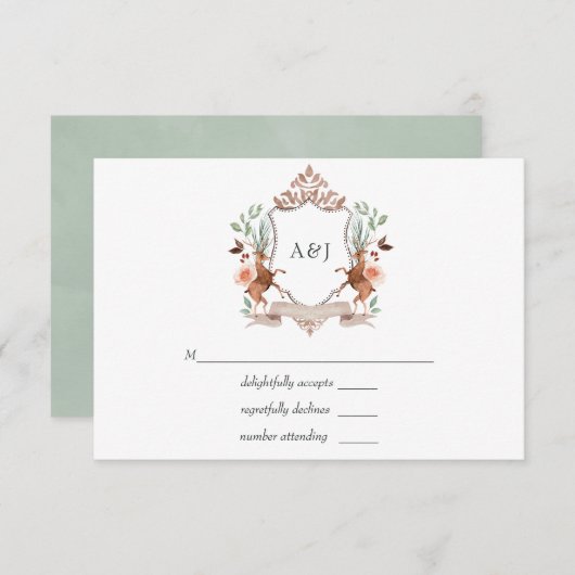 水彩ウッドランドローレルクレストモノグラム結婚ズ 出欠カード (正面/裏面)