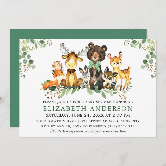 水彩ウッドランド動物が赤ちゃんシャワーに弓を付ける 招待状 (正面/裏面)