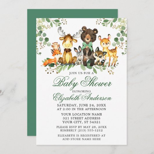 水彩ウッドランド動物グリーンボウ赤ちゃんシャワー 招待状 (正面/裏面)