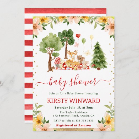 水彩ウッドランド動物ピクニックベビーシャワー 招待状 (正面/裏面)