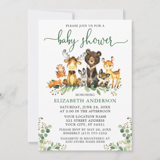 水彩ウッドランド動物緑のスクリプトシャワー 招待状 (正面)