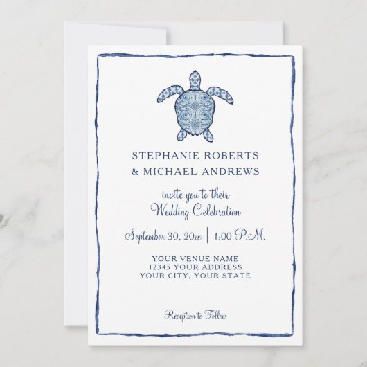 水彩ウミガメビーチ結婚式絞り藍 招待状 (正面)