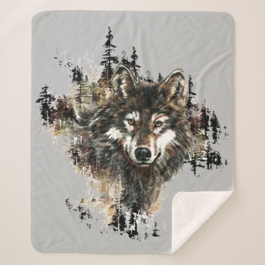 水彩ウルフマウンテンワイルドライフワイルドネスアート シェルパブランケット (正面)