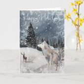 水彩ウルフ雪景色キャビン カード (黄色い花)