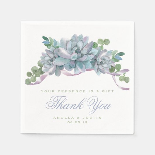 水彩エチェベリアと紫リボン スタンダードカクテルナプキン (正面)