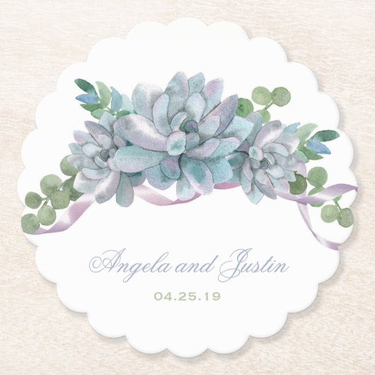 水彩エチェベリアと紫リボン ペーパーコースター (正面)