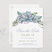 水彩エチェヴェリア紫リボン日付を保存 案内ポストカード (正面/裏面)