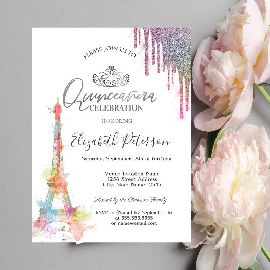 水彩エッフェルタワーカラフルドリプスキンセニェラ 招待状