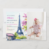 水彩エッフェル塔パリ2歳誕生日写真 招待状 (正面)