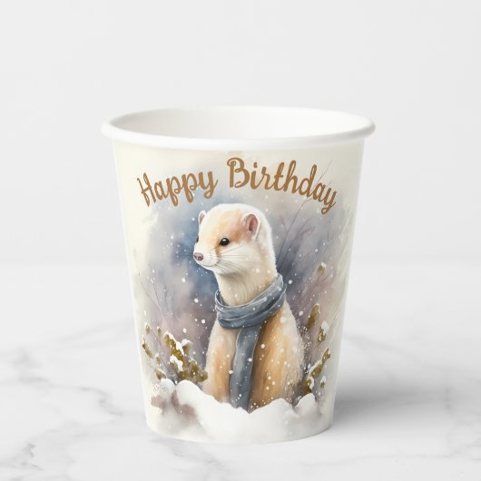 水彩エルミン雪の風景の誕生日パーティー –  紙コップ (正面)